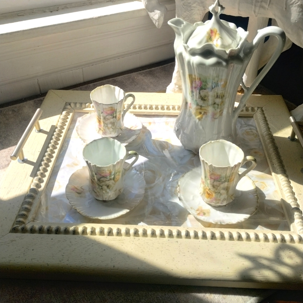 Porcelain Floral Chocolate Set with Gold Trim